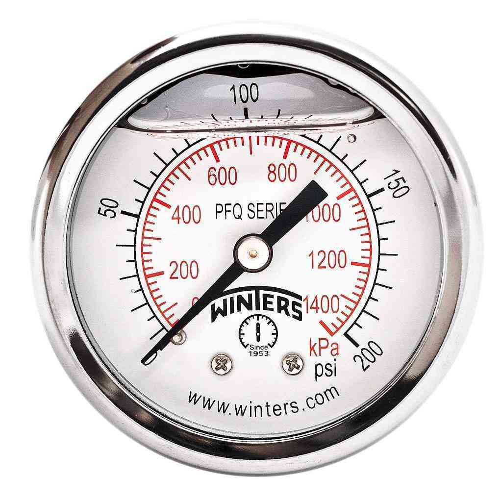 Winters PFQ Series Stainless Steel 304 Dual Scale Liquid Filled Pressure Gauge with Brass Internals, 0-200 psi/kpa, 2" Dial Display, -2.5% Accuracy, 1/8" NPT Back Mount Sold by: Amazon.com Services, Inc. WINTERS.PFQ2439